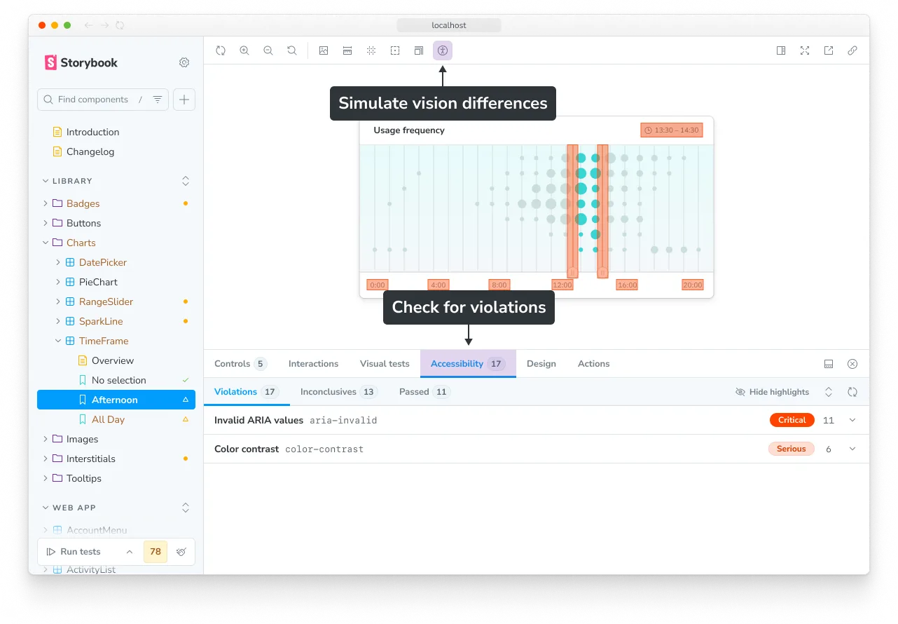 Storybook UI with accessibility features annotated