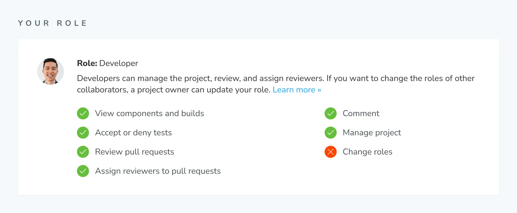 Chromatic project Manage page showing the current collaborator's Developer role and permissions