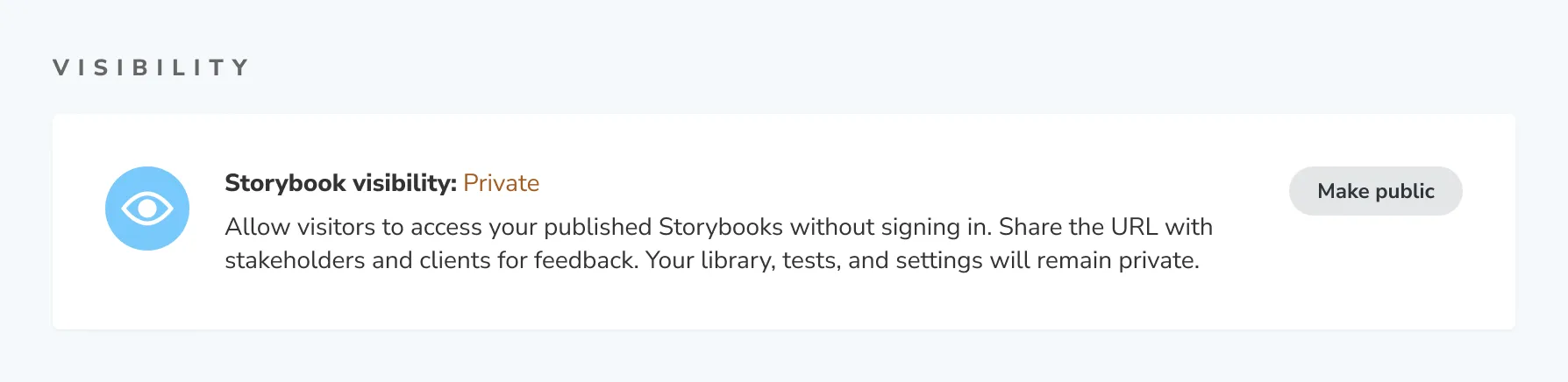 Chromatic project Manage page showing the control for public or private Storybook visibility