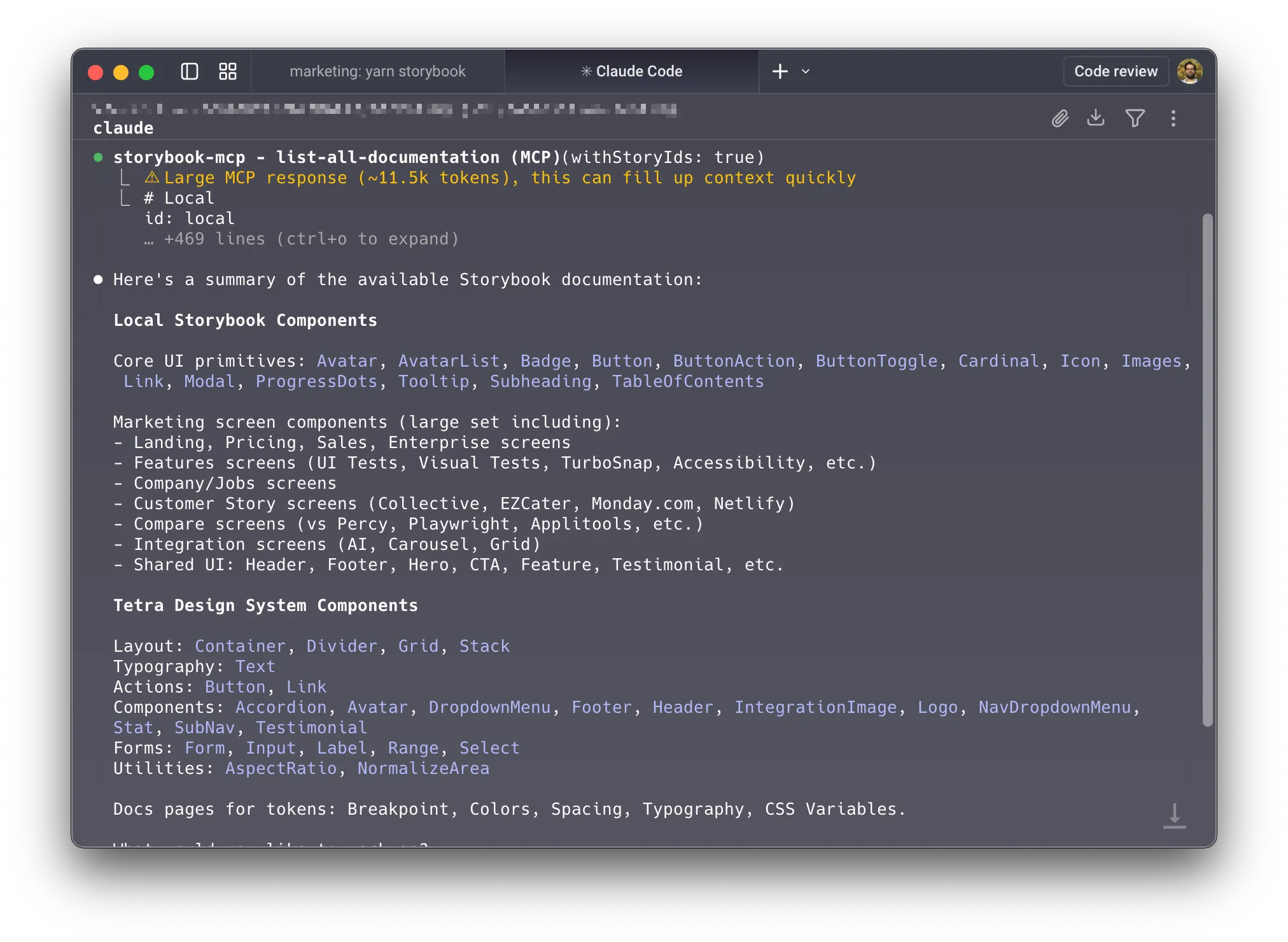 Example query with Claude Code that lists both local components and those from the composed design system Storybook